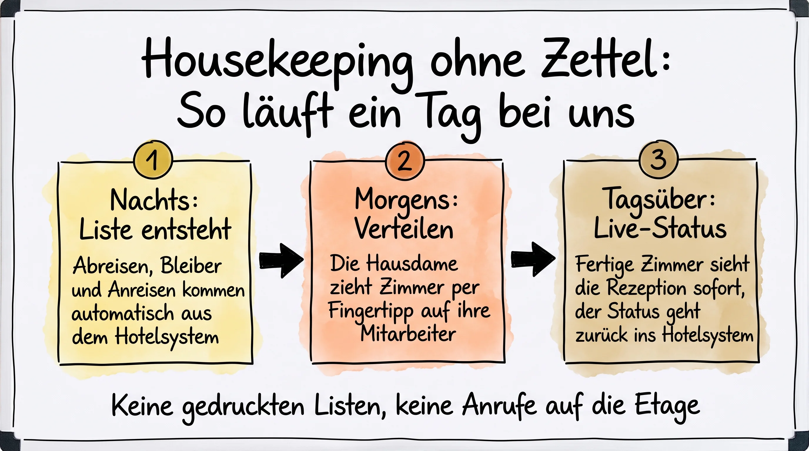 Diagramm: Vom Hotelsystem zur fertigen Tagesliste, zur Verteilung per Fingertipp und zum Live-Status für die Rezeption