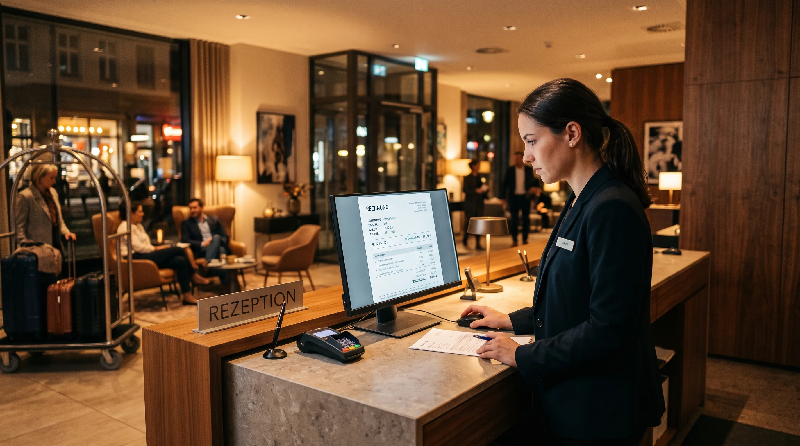 Rezeption eines Stadthotels am Abend, Mitarbeiterin prüft eine Rechnung am Bildschirm