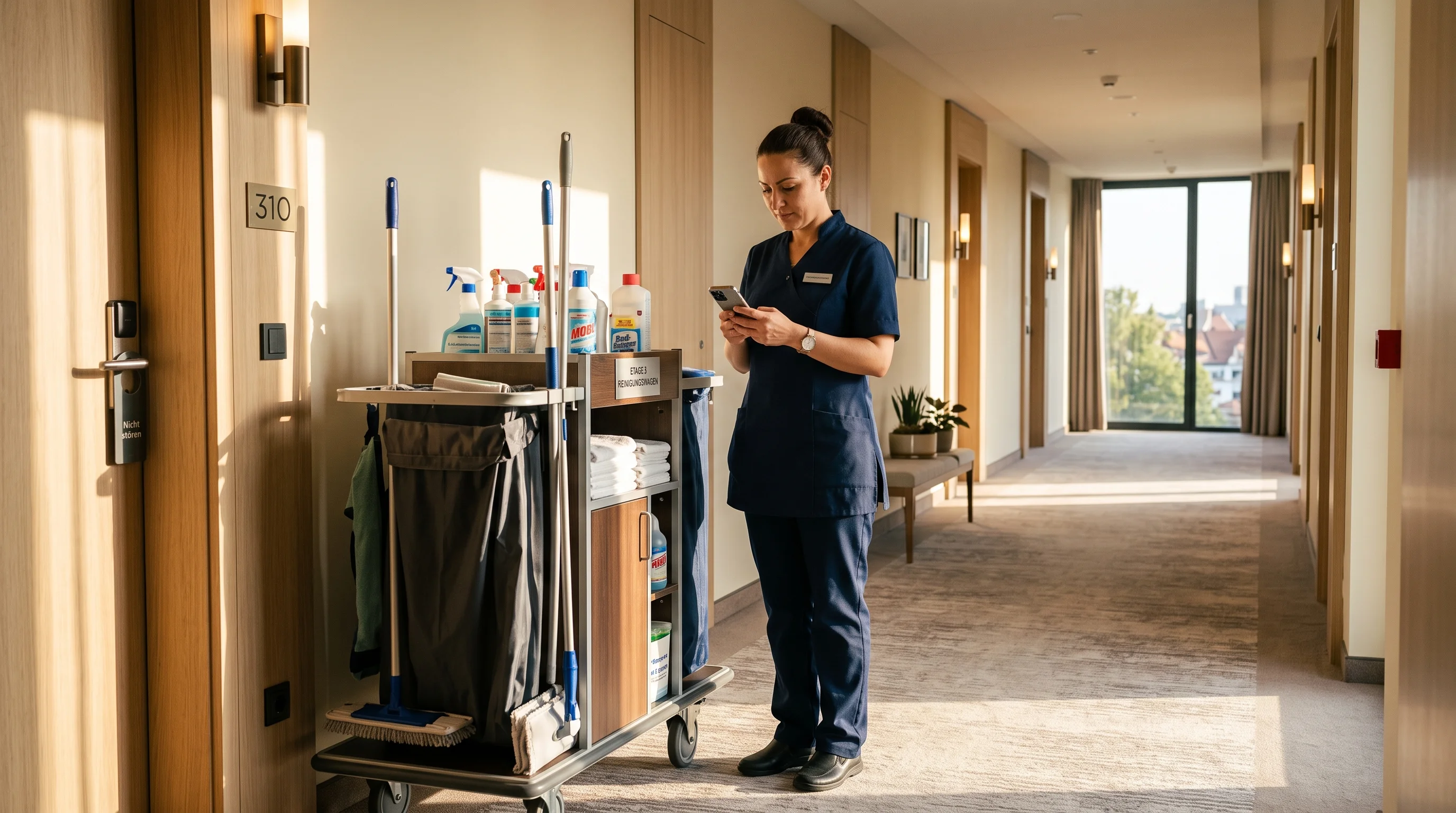 Reinigungskraft mit Smartphone auf dem Hotelflur, Reinigungswagen im Hintergrund