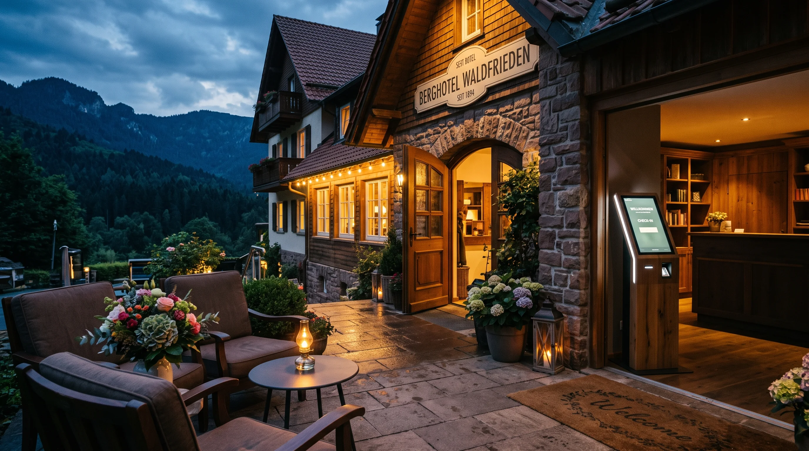 Hoteleingang am Abend mit warmem Licht, ohne besetzte Rezeption