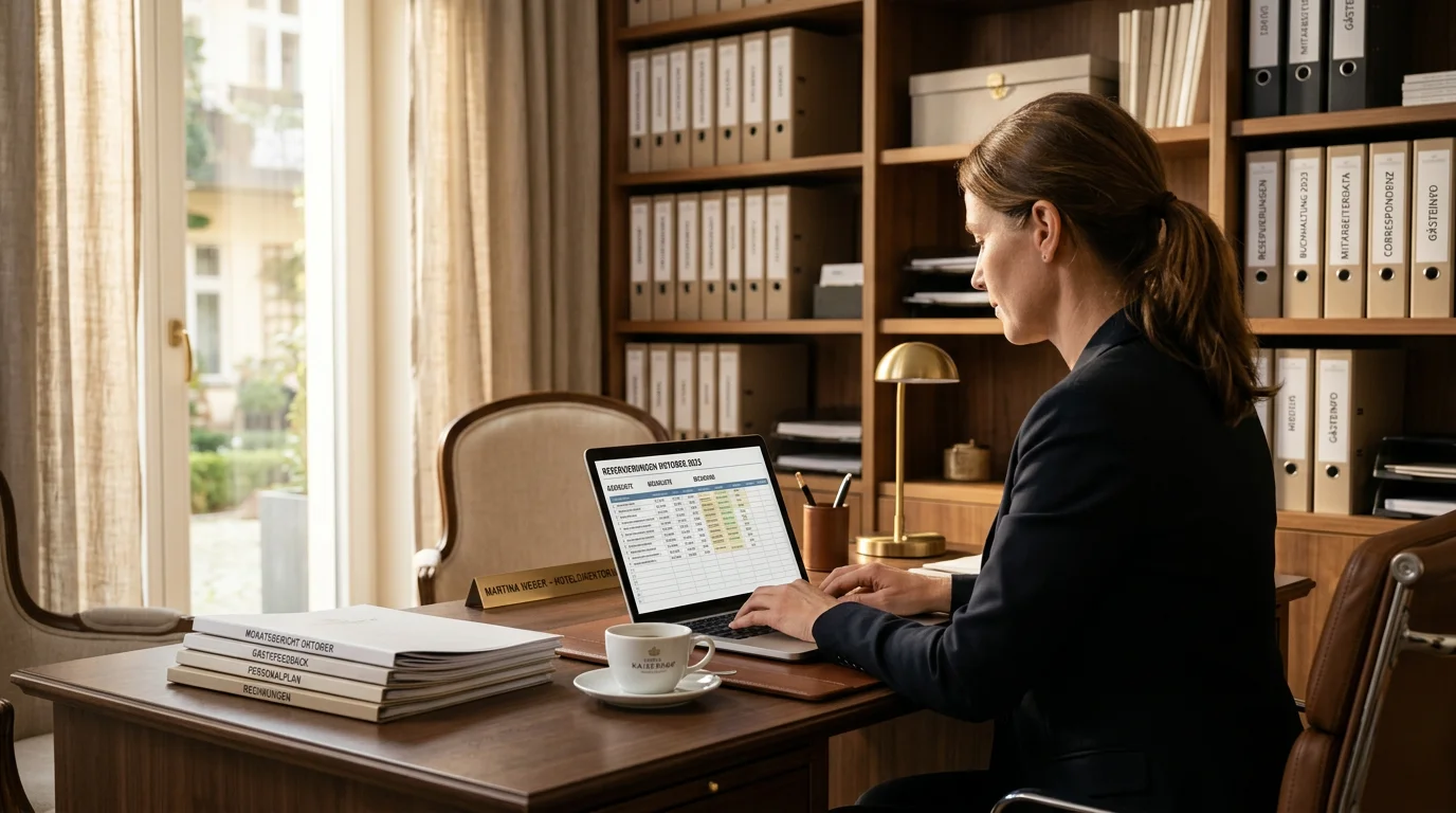 Hotelrezeption mit Ordnern, Laptop und geordneten Rechnungsunterlagen