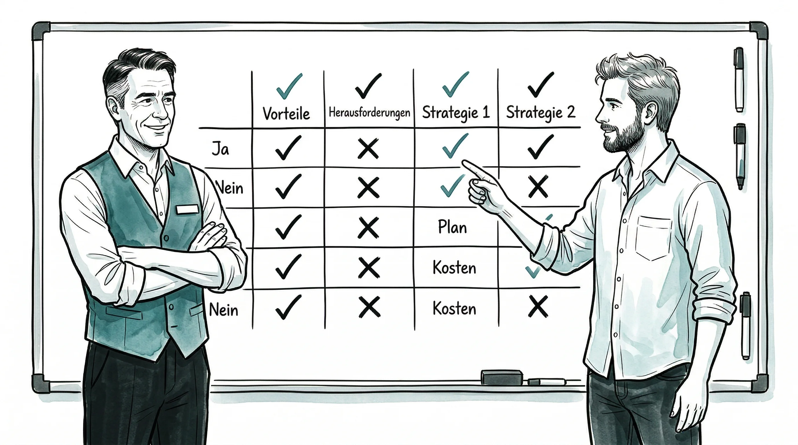 Illustration: Hotelier und Berater vor einer übersichtlichen Vergleichsmatrix