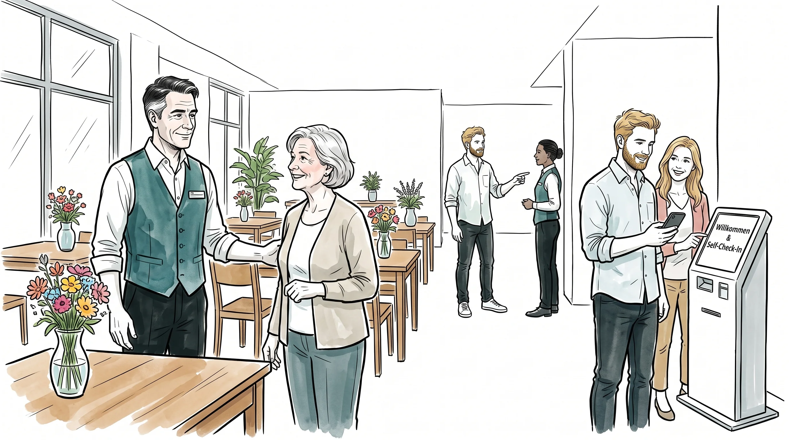 Illustration: Gastgeberin begrüßt Gäste entspannt im Frühstücksraum, während der Check-in automatisch läuft