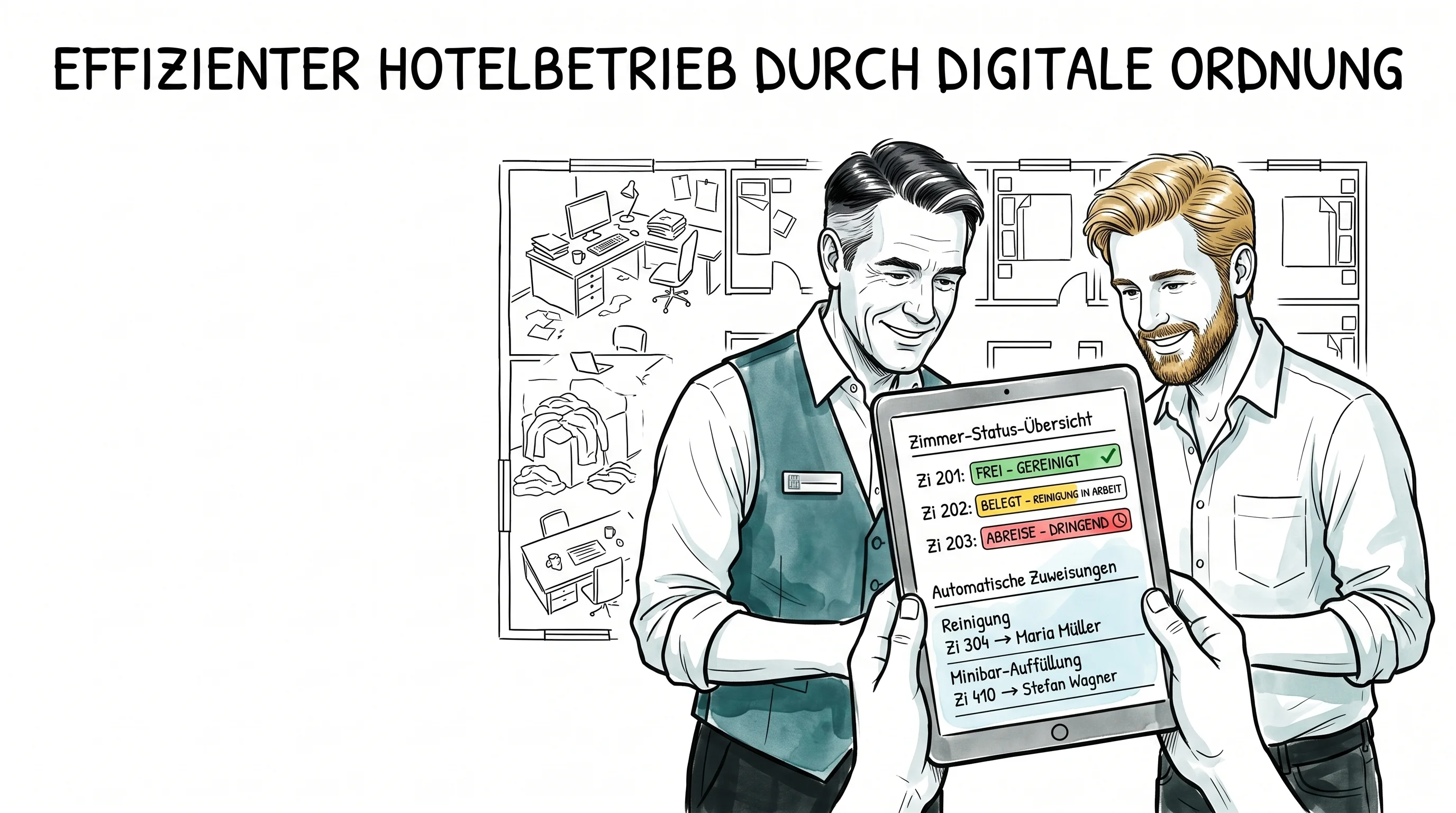 Illustration: Entspannter Hotelier mit Tablet, die Housekeeping-App zeigt den Live-Status aller Zimmer