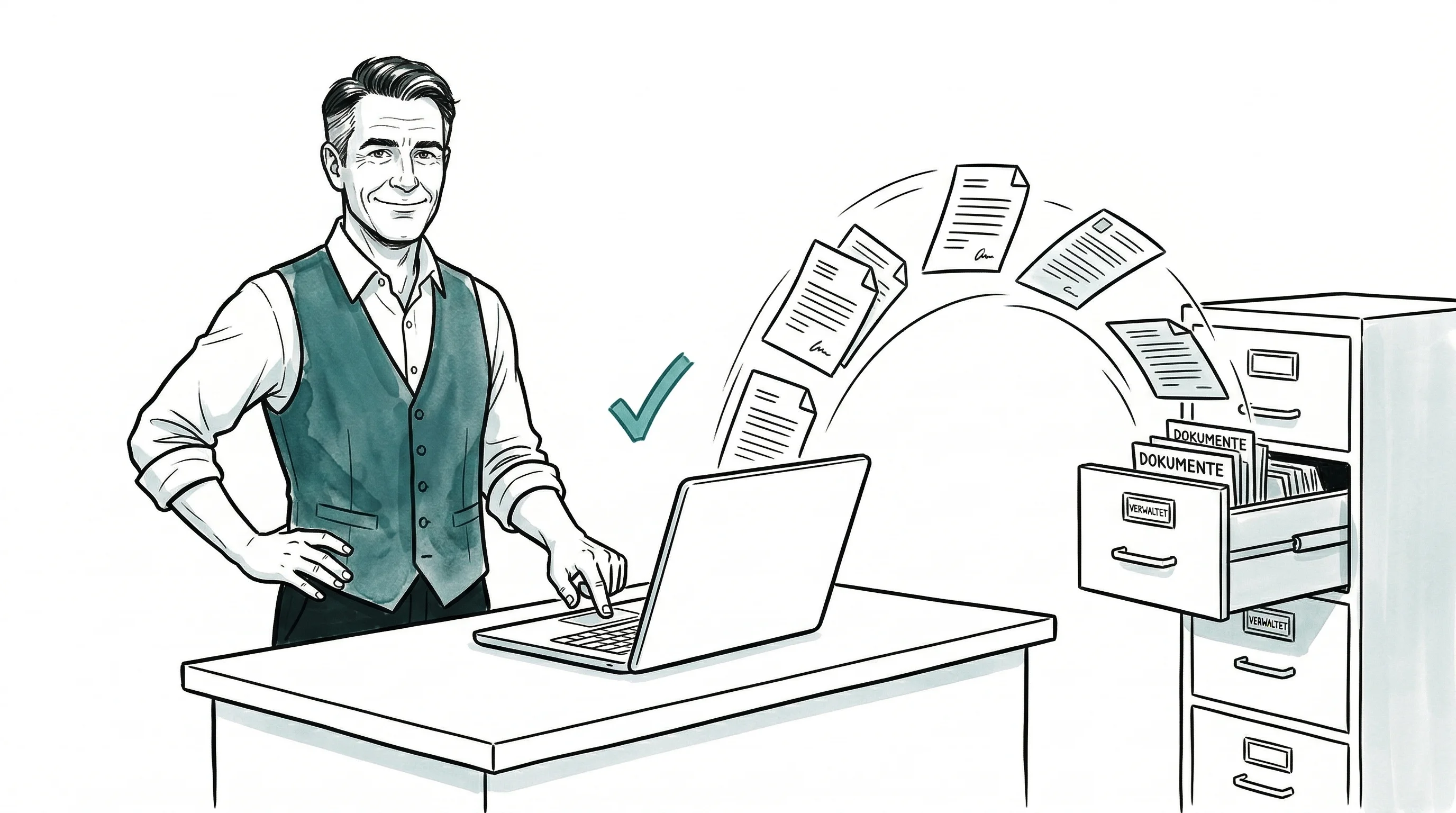Illustration: Hotelbesitzer klickt entspannt am aufgeräumten Laptop, Dokumente fliegen automatisch ins digitale Archiv