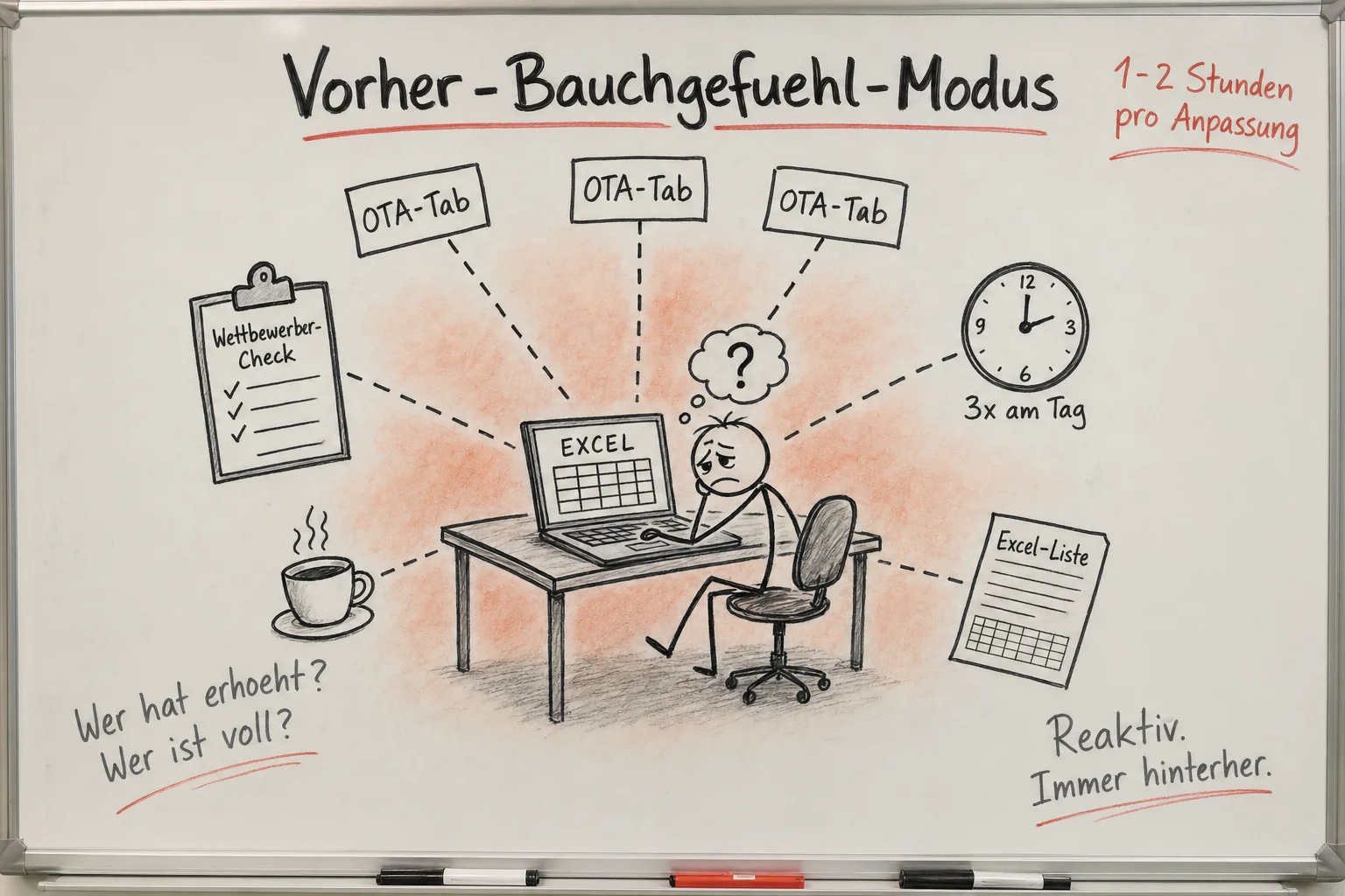 Whiteboard-Illustration: Bauchgefuehl-Modus mit OTA-Tabs, Excel und gestressterm Hotelier
