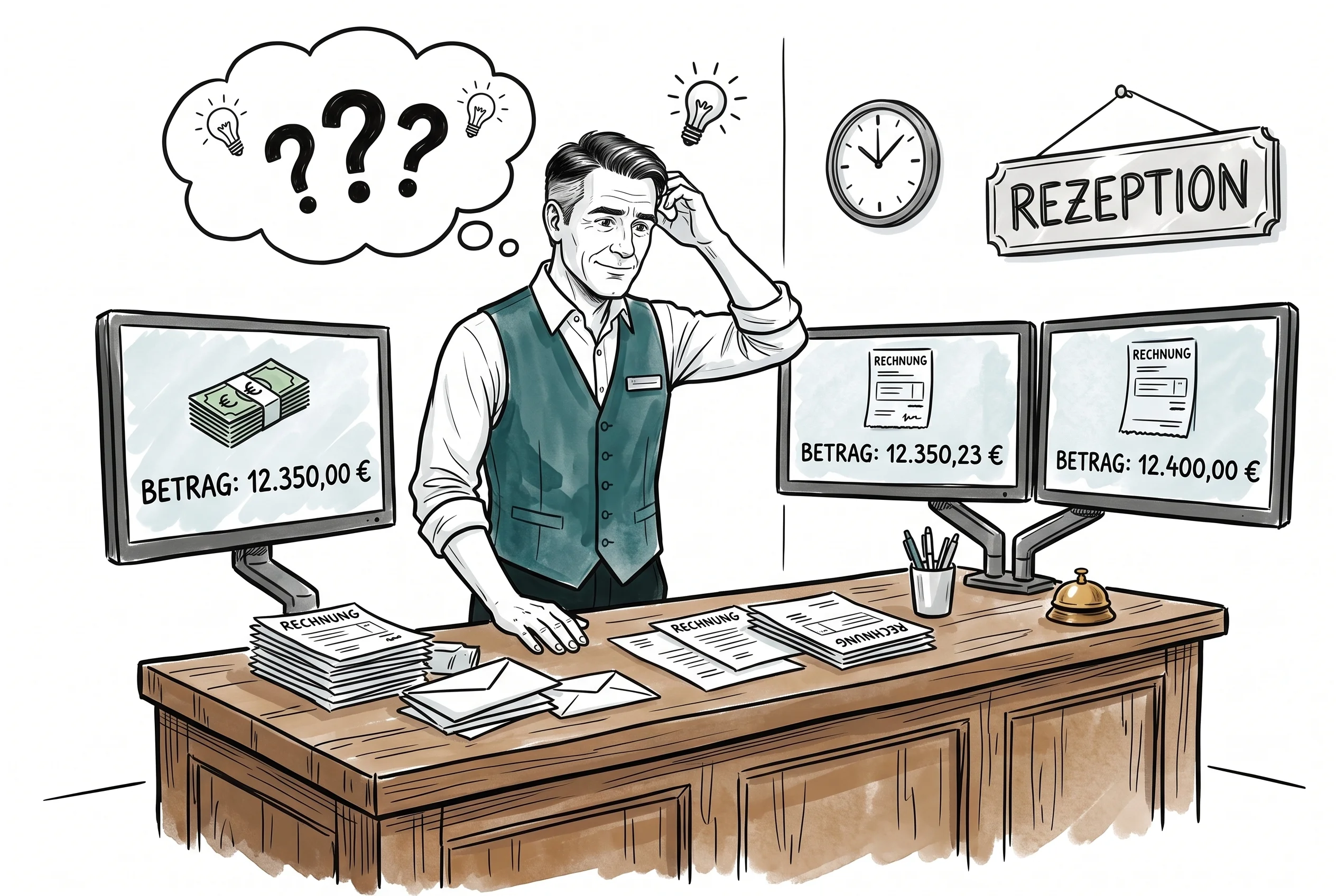 Illustration: Hotelier steht ratlos vor drei Systemen, die alle unterschiedliche City-Tax-Beträge anzeigen