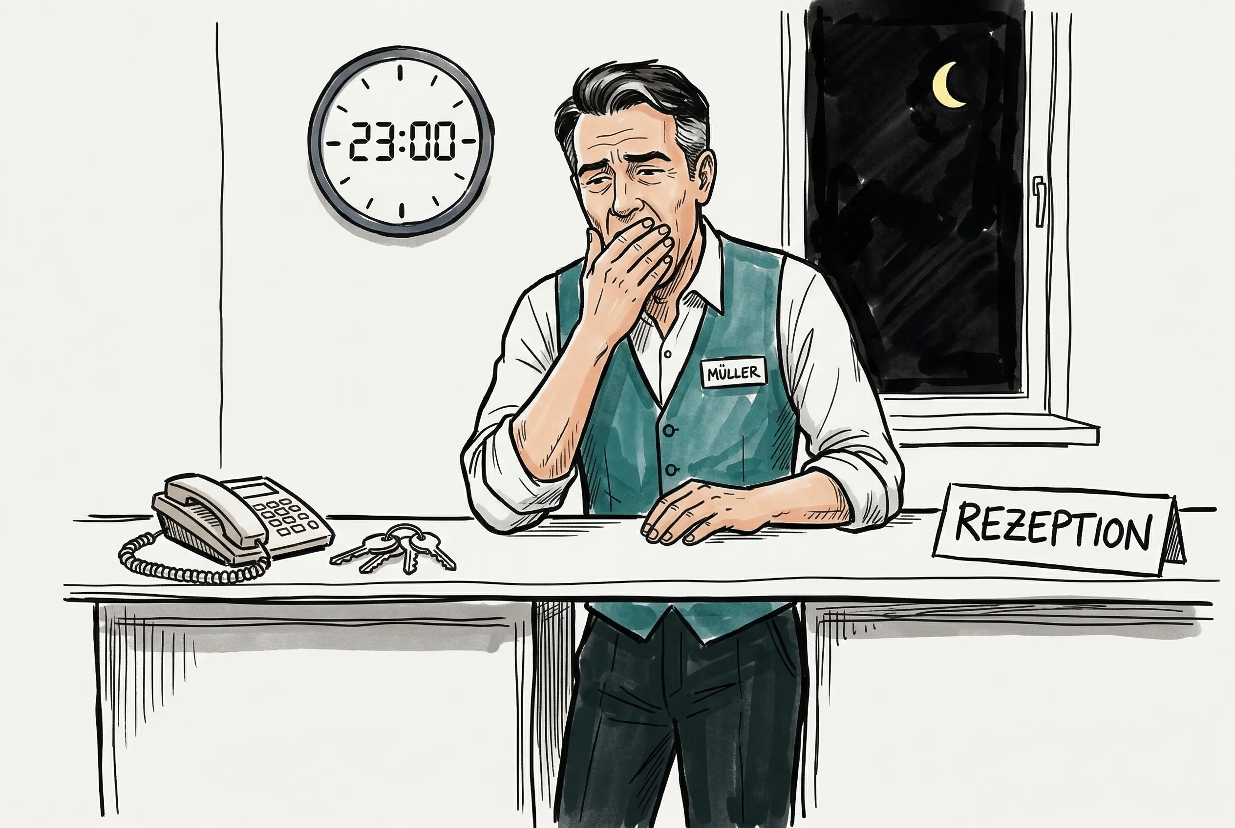 Illustration: Hotelbesitzer steht allein um 23 Uhr an der leeren Rezeption, müde und erschöpft