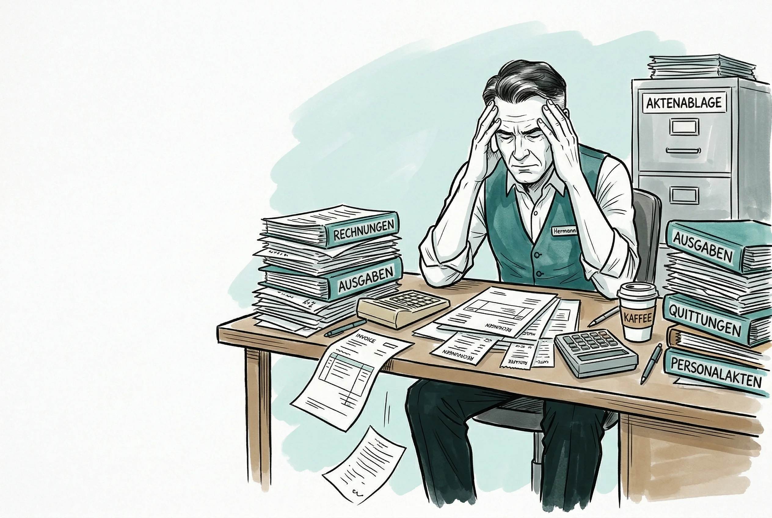 Illustration: Hotelier am Schreibtisch umgeben von Rechnungsstapeln und Ordnern