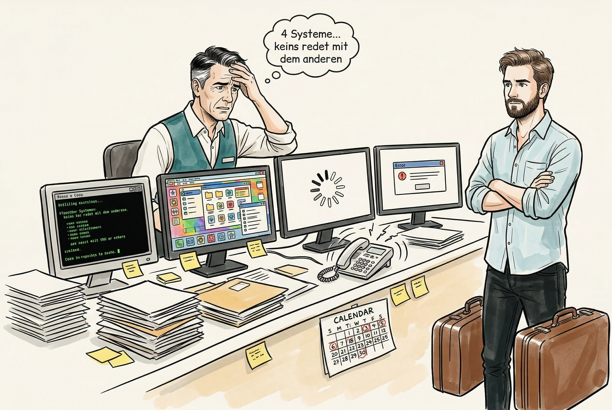 Illustration: Hotelier am Schreibtisch umgeben von mehreren Bildschirmen mit verschiedenen Hotelsoftware-Programmen