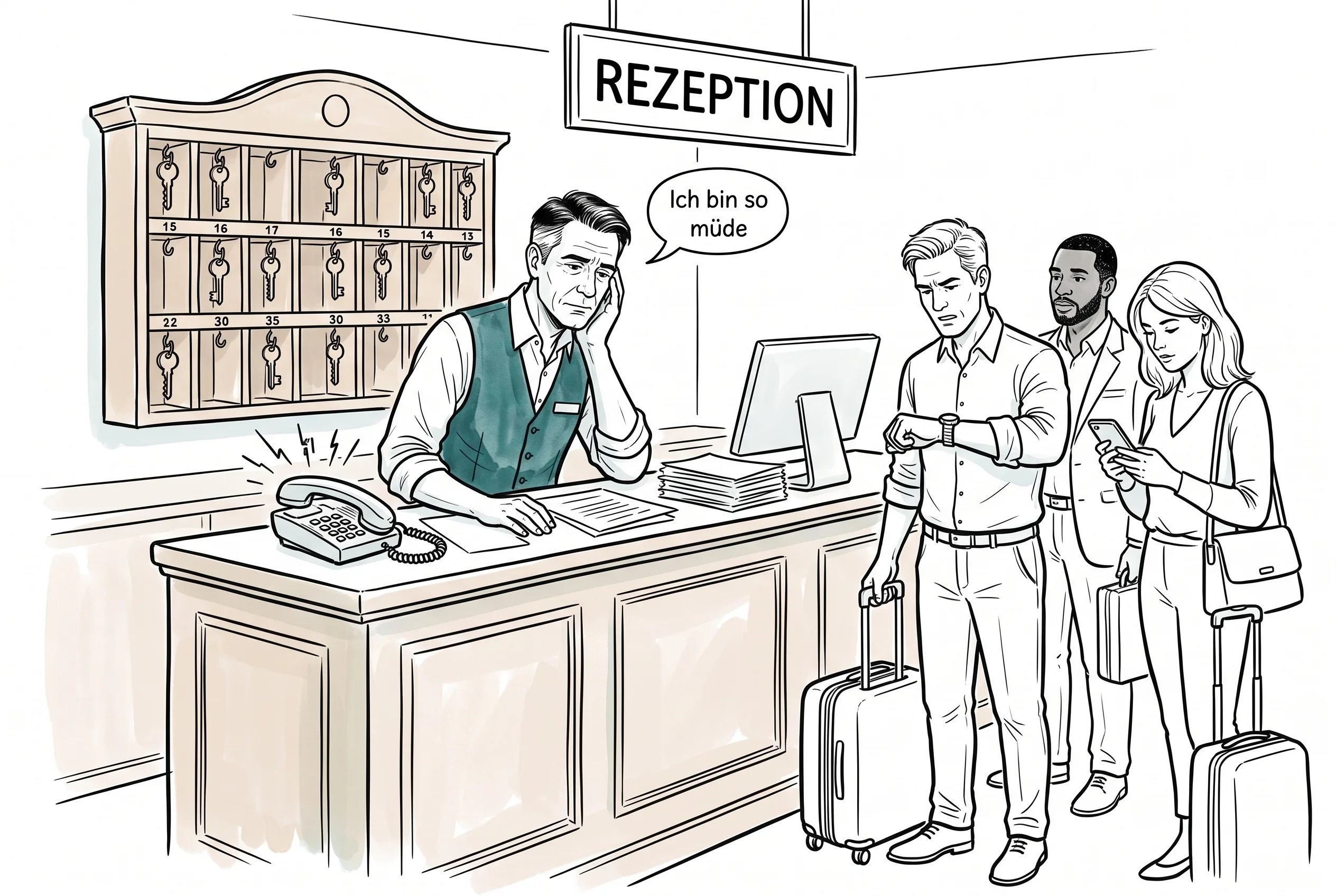 Illustration: Hotelier steht abends allein an der Rezeption, das Telefon klingelt, Gäste warten