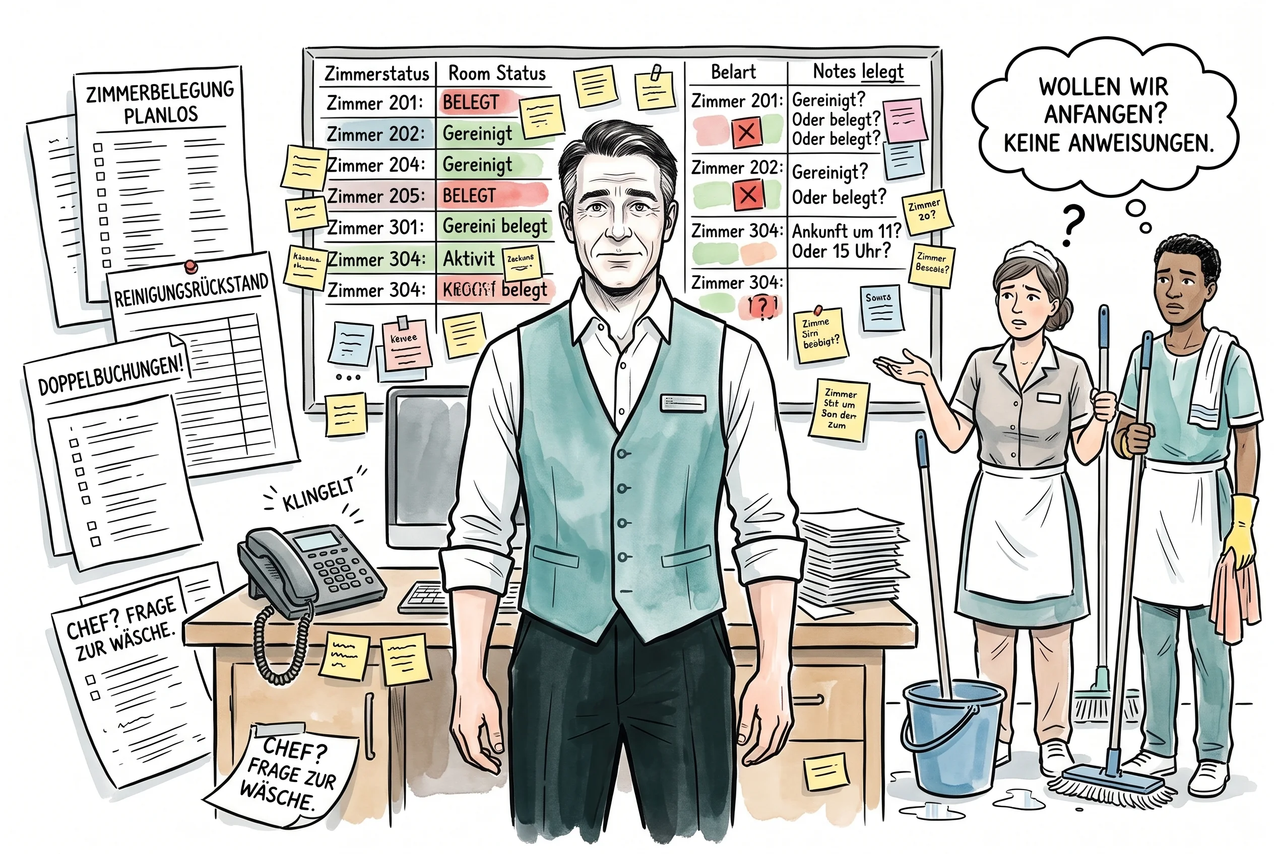 Illustration: Hotelier im Zettelchaos am Whiteboard, das Housekeeping läuft über Papierlisten und Zuruf