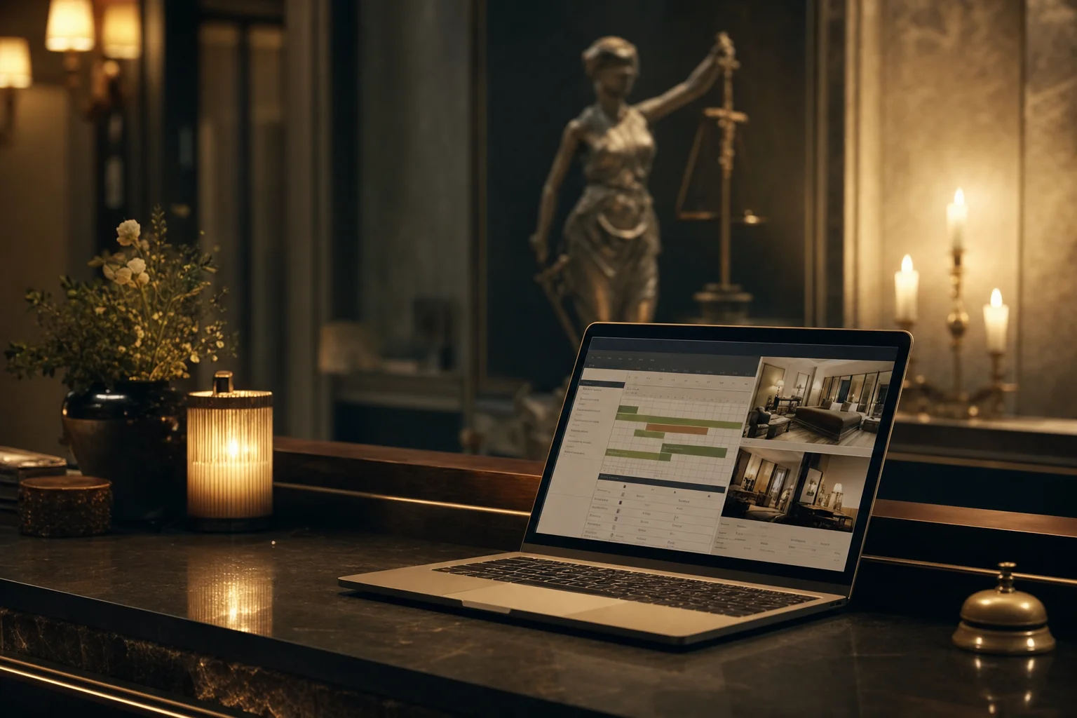 Justitia-Symbolik vor einer Hotelrezeption, im Hintergrund ein Laptop mit Buchungsübersicht